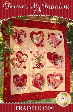 the cover of forever my valentine quilt book, featuring hearts and flowers on red fabric