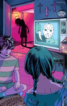 two children sitting in front of a tv watching a scary movie on the television screen