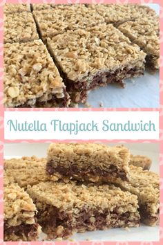 nutella flapjack sandwich is cut into squares and stacked on top of each other