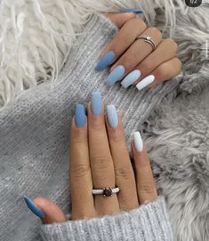 Gel Nails Birthday Ideas, Nails Baby Blue Design, Blue Summer Nails Coffin, Baby Blue And White Nails, Manicure Routine, Blue And White Nails, Blue Acrylic Nails, Casual Nails, Glow Nails