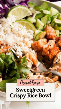 a white bowl filled with rice, meat and veggies next to a fork