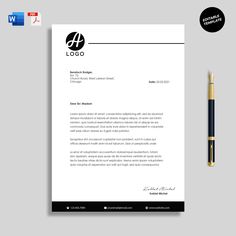 a professional letterhead is shown with a pen on top of it and an image of a