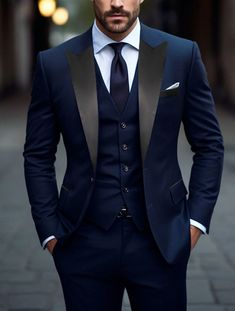 Trajes Para Hombre de Vestir Chaqueta Elegantes Saco Pantalón Largo Azul Negro | eBay Navy Blue Suit Men, Blue Tuxedo Wedding, Navy Suit Wedding, Best Wedding Suits, Dark Blue Wedding, Jacket And Pants Set, Navy Blue Tuxedos, Blue Suit Men, Blue Suit Wedding