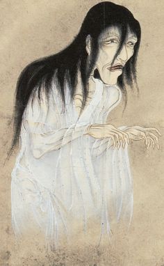 an old painting of a woman with long hair and white dress holding her hands out