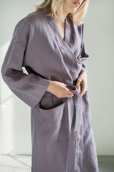 "Every morning, when we get out of bed, we look for a bathrobe, which warms us up and pleasantly embraces us, and in the evenings it wraps around us after a shower or sauna. The \"LinenRain\" bathrobe is made of smooth and soft linen material, which is pleasant to the touch and non-allergenic. In the morning, look for a linen bathrobe and enjoy a cup of coffee or tea and feel how cozy and warm You are. A wide choice of colors will allow You to choose a dream bathrobe. You can buy this natural li Linen Bathrobe, Linen Robe, Get Out Of Bed, European Linens, Linen Material, Womens Robes, Fabric Samples, Natural Linen, Dusty Pink