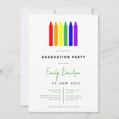 a graduation party card with crayons on the front and green, blue, yellow, red, orange, and pink