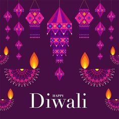 happy diwali greeting card with hanging lamps and candles on dark purple background illustration