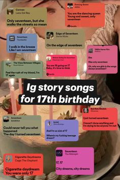 a birthday cake with candles on it and the words ig story songs for 17th birthday