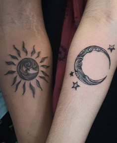 two people with tattoos on their arms and one has a sun and moon in the middle