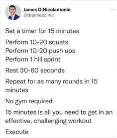 a tweet that reads, set a timer for 15 minutes perform 10 - 20 push ups perform 11 - 20 sprint rest 30 seconds