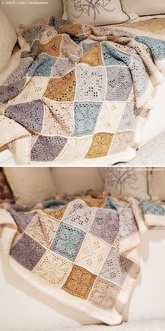 two pictures of a blanket on a bed with pillows and pillow cases next to each other