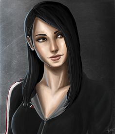 a digital painting of a woman with long black hair, wearing a hoodie and looking at the camera