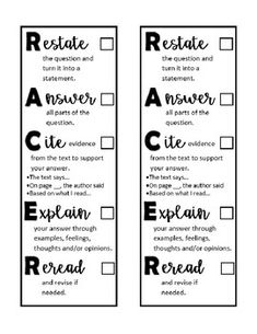 a black and white printable bookmark with the words restate, answer, etc