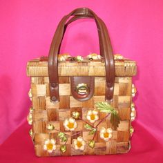 No Haggling 9x8x3.5 Cottagecore Cottage Fairy Fairycore 1950s Brown Picnic Woven Wood Bag Purse Floral Box Vegan Faux Leather Handles. Cream White Yellow Green Flowers Boho Bohemian Kawaii Daisy Daisies Cute 50s Rockabilly Pocket Festival Woven Straw Yellow Green Flowers, Cottagecore Bag, Wood Bag, 50s Rockabilly, Boho Purse, Cottagecore Cottage, Cottage Fairy, Woven Wood, Floral Bags