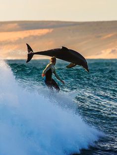 a man riding a wave on top of a surfboard under a large shark fin