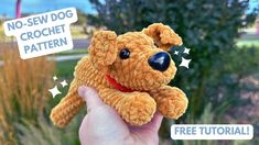 a hand holding a small stuffed dog in it's right hand with the words no - sew dog crochet pattern on it