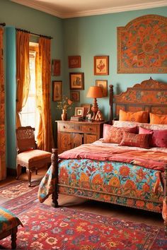 the bedroom is decorated in bright colors and has an ornate bed frame with intricate carvings on it