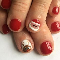 Santa Nails Short, Kids Christmas Nail Designs, Kids Nails Design, Kids Christmas Nails, Lola Nails, Rudolph Nails, Christmas Shellac Nails, Santa And Rudolph