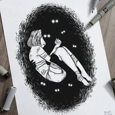 a black and white drawing of a woman floating in space