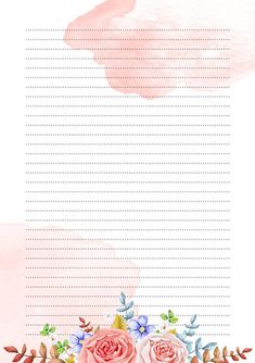 a pink watercolor background with roses and leaves on the bottom right corner is an empty lined paper