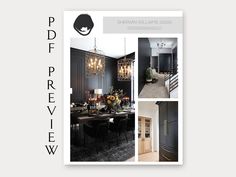 a brochure with black walls and chandeliers in the center is an image of a dining room