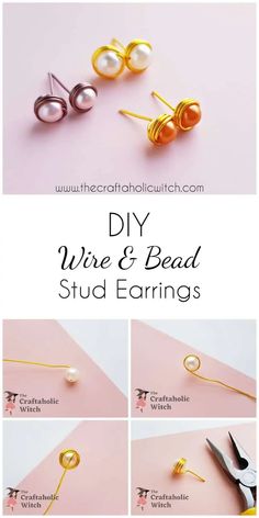 Complete stud earrings making tutorial. Learn how to make beautiful  stud earrings with just wire and beads Easy Earrings Diy Simple Wire Jewelry, Stud Wire Earrings, Wire Wrap Stud Earrings, How To Make Simple Earrings, Wire Stud Earrings Diy, Making Stud Earrings, How To Make Stud Earrings Diy, Wire Wrapped Stud Earrings, Diy Post Earrings