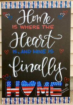 a chalkboard sign with the words home is where the heart is and mine is finally home