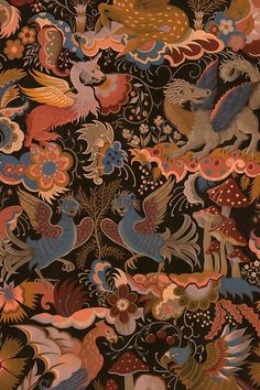 an intricately designed wallpaper with birds and flowers on black background, in the style of chinese painting