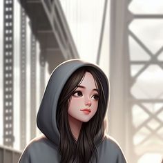 a girl in a hoodie is standing by the bridge