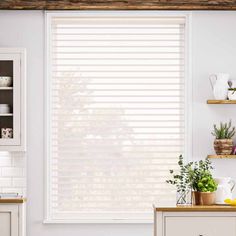 a kitchen with white walls and wooden shelves filled with pots and pans on the counter