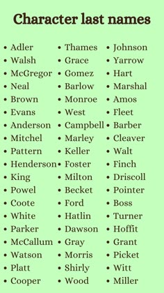 a green poster with the names of characters in each character's name on it