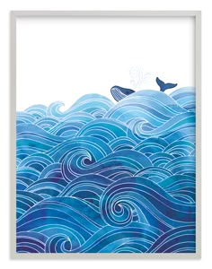 two birds are flying over the waves in this blue ocean art print with white frame