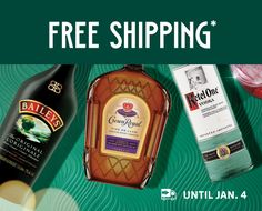 three bottles of alcohol sitting next to each other on a green background with the words free shipping