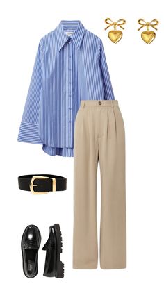 oversized stripped shirt , trousers , loafers . Stripped Shirt Women Outfit Work, Stripped Shirt Women Outfit, Loafers Casual Outfit, Blue Trousers Outfit, Minimalist Things, Blue Striped Shirt Outfit, Oversized Shirt Outfit, Gucci Collection, Shirt Stripes