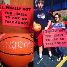 two people holding up signs and basketballs