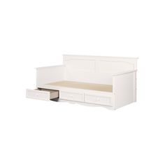 a white bed with drawers underneath it on a white wall behind the bed is an open drawer