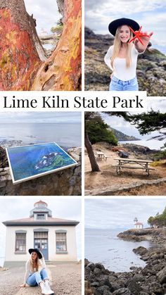 four different pictures with the words lime kiln state park on them and an image of a woman sitting in front of a tree