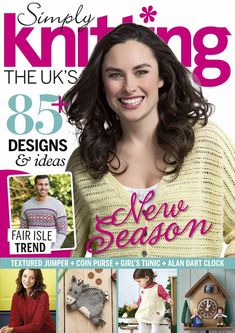 the cover of simply knitting magazine featuring an image of a woman smiling and wearing a sweater