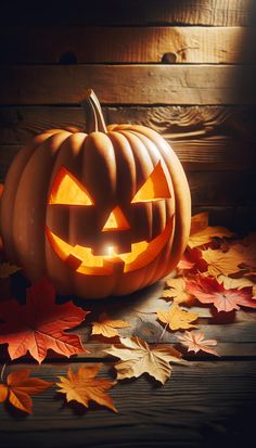 a carved pumpkin with glowing eyes surrounded by autumn leaves on a wooden surface in the dark