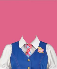 a blue vest with white shirt and colorful tie on pink backround against a pink background