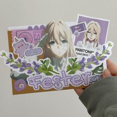 someone is holding up some stickers with anime characters on them and the words fester written in purple