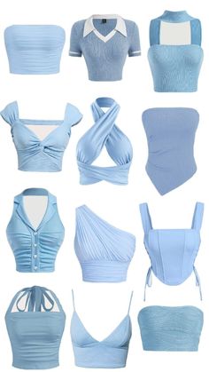 baby blue crop tops, inspiration for cute outfits🩵 Blue Core Outfits, Cute Blue Tops, Cute Crop Tops Aesthetic, Blue Corset Top Outfit, Blue Shirt Aesthetic, Baby Blue Top Outfit, Tops Collage, Blue Crop Top Outfit, Crop Tops Aesthetic