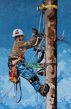 an oil painting of a man climbing up a telephone pole with safety equipment on his feet