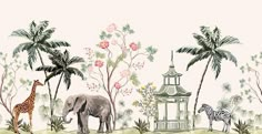 an elephant, giraffe and zebras are in the jungle with palm trees