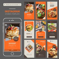 the instagram stories template is displayed on an iphone, and it has orange accents