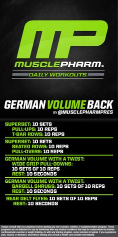 an ad for muscle pharmm with the text, german volume chest workouts