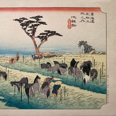 An ink on paper, Nishiki-e and Yoko-e woodblock landscape showing the summer horse fair, which Chiryu was well known for. Every summer, horse traders would bring near 500 horses to market. Signed in Kanji upper left, "Hiroshige Ga" for Utagawa (Ando) Hiroshige (Japanese, 1797-1858) and printed circa 1946 by Gihachiro Okuyama (1907-1981). An exceptionally crisp image with fresh color, printed on traditional Washi paper and showing delicate bokashi gradation of sumi ink in the foreground, horizon and upper sky. Sheet Dimensions: 10.25 H x 15.25 W inches.  The summer horse fair, which took place for ten days at the beginning of the summer in Chiryu, is shown here. Traveling at the end of summer, Hiroshige would not have witnessed this event. He likely borrowed his imagery from guidebooks, lik Ando Hiroshige, Hiroshige Japanese Prints, Sumi Ink, Goku Super, Japanese Landscape, Fresh Color, Washi Paper