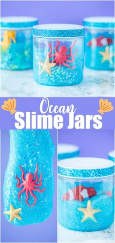 the ocean slime jars are decorated with sea animals and starfishs on them