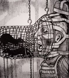 a drawing of a man holding a cage with a rat in it