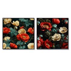 two paintings with red and yellow flowers on them